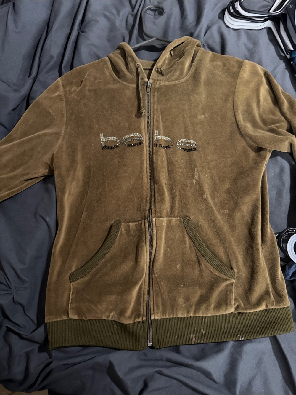 bebe Olive Brown Velour Zip-Up Hoodie Jacket